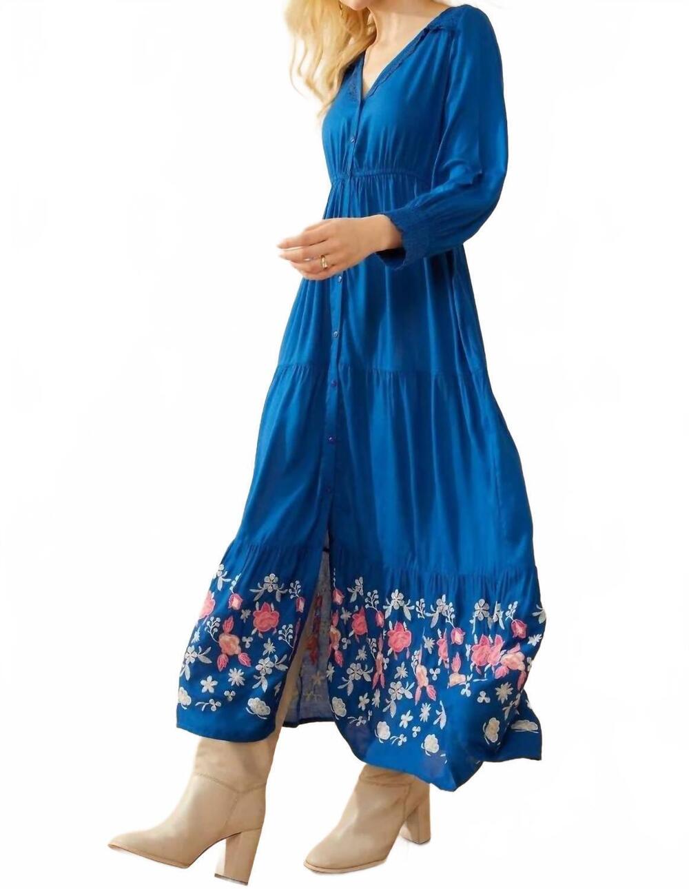 NEW BOHERA drop waist embroidered dress in nova bleu